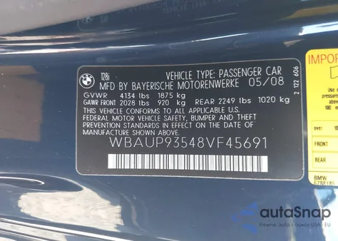 2008 BMW 128I from USA, damaged, VIN WBAUP93548VF45691